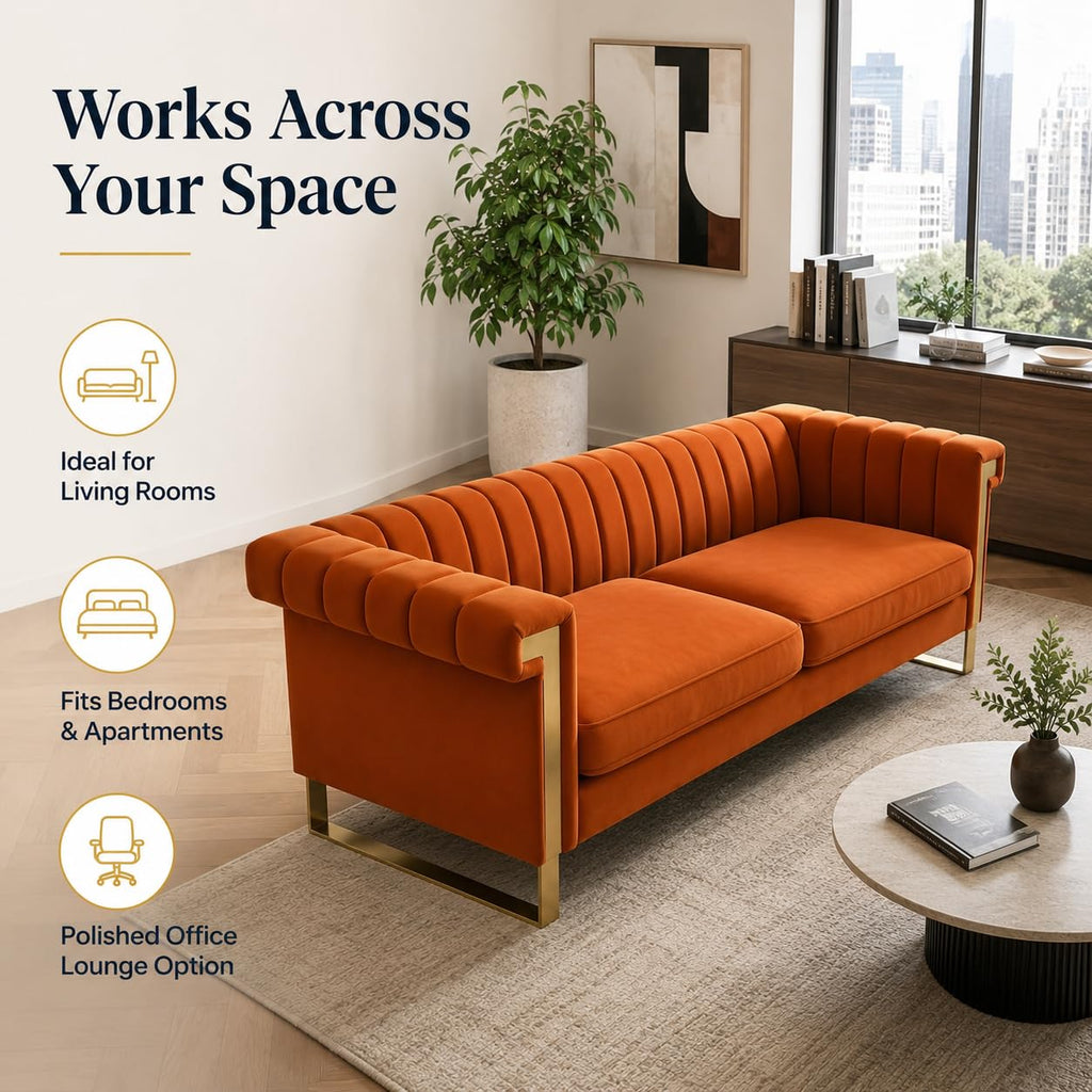 Orange Velvet Channel Tufted Sofa with Gold Metal Legs W43828