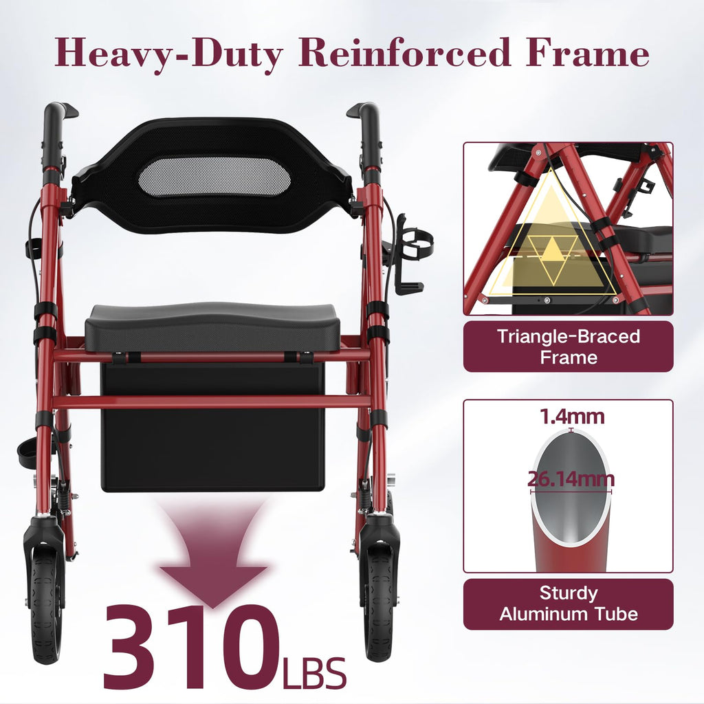 Foldable Rollator Walker with Seat, 8" Wheels, Red U667669