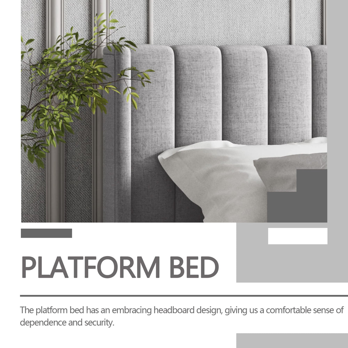 Twin Size Light Gray Linen Upholstered Bed Frame J844598