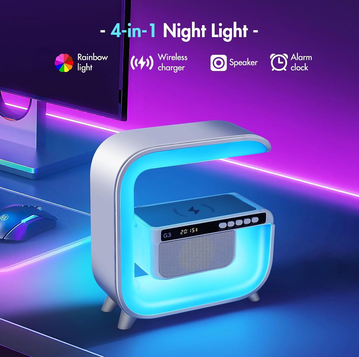 Table Lamp with Bluetooth Speaker, Wireless Charger, Alarm Clock M9657