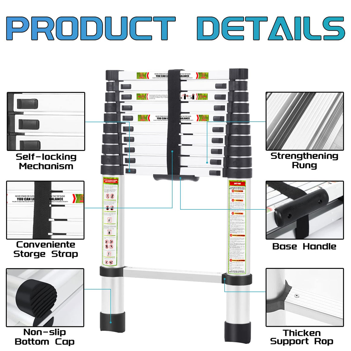 10.5 ft Aluminum Telescopic Ladder with Non-Slip Feet V529