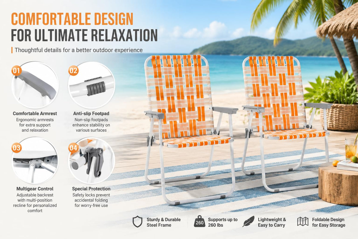 Webbed Foldable Metal Patio Chairs Set of 2 B8310