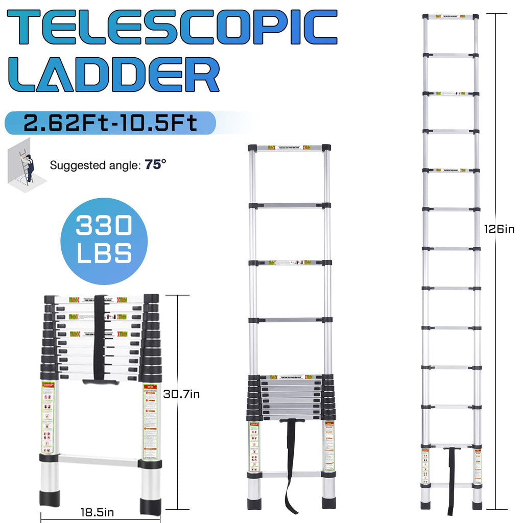 10.5 ft Aluminum Telescopic Ladder with Non-Slip Feet V529