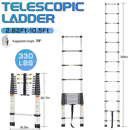 10.5 ft Aluminum Telescopic Ladder with Non-Slip Feet V529
