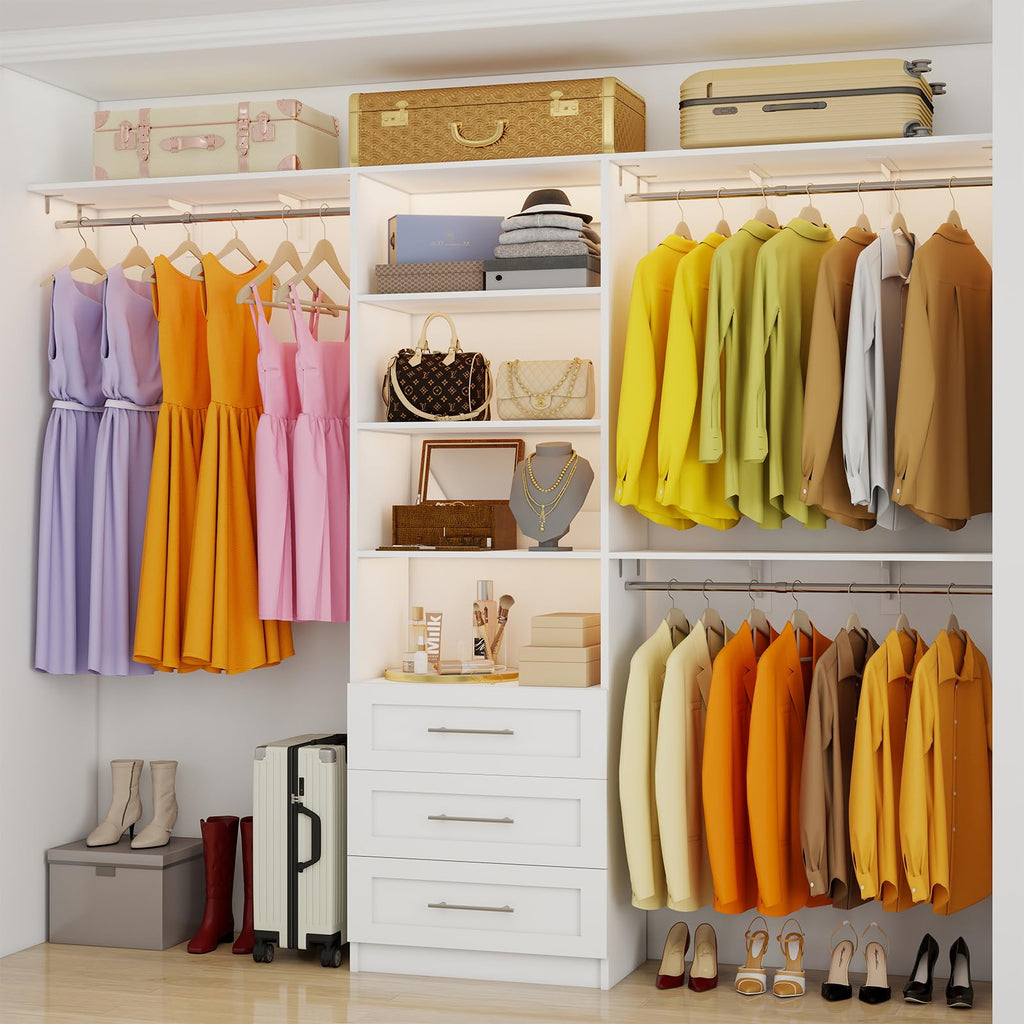 White Closet System with 3 Wood Drawers and Hanging Rods C93426