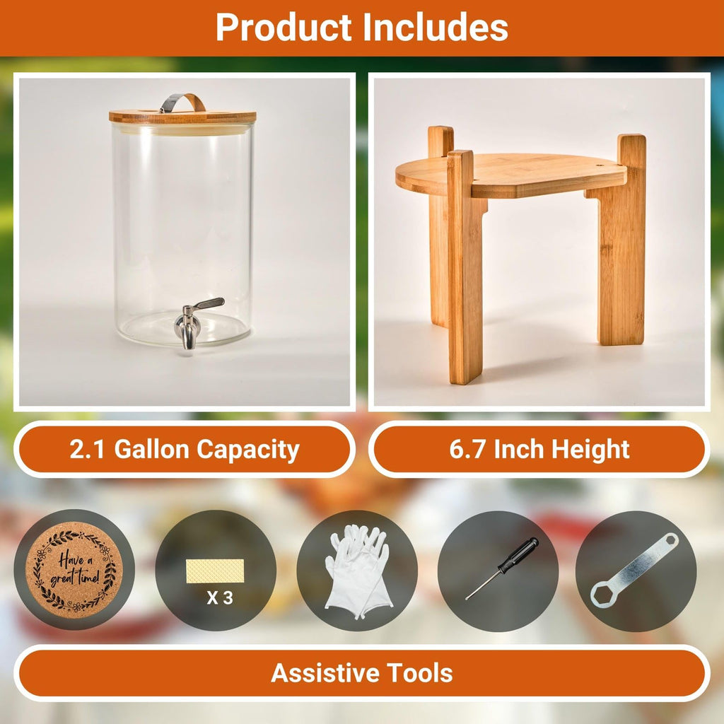 2.1 Gallon Glass Beverage Dispenser with Bamboo Stand and Spigot X895