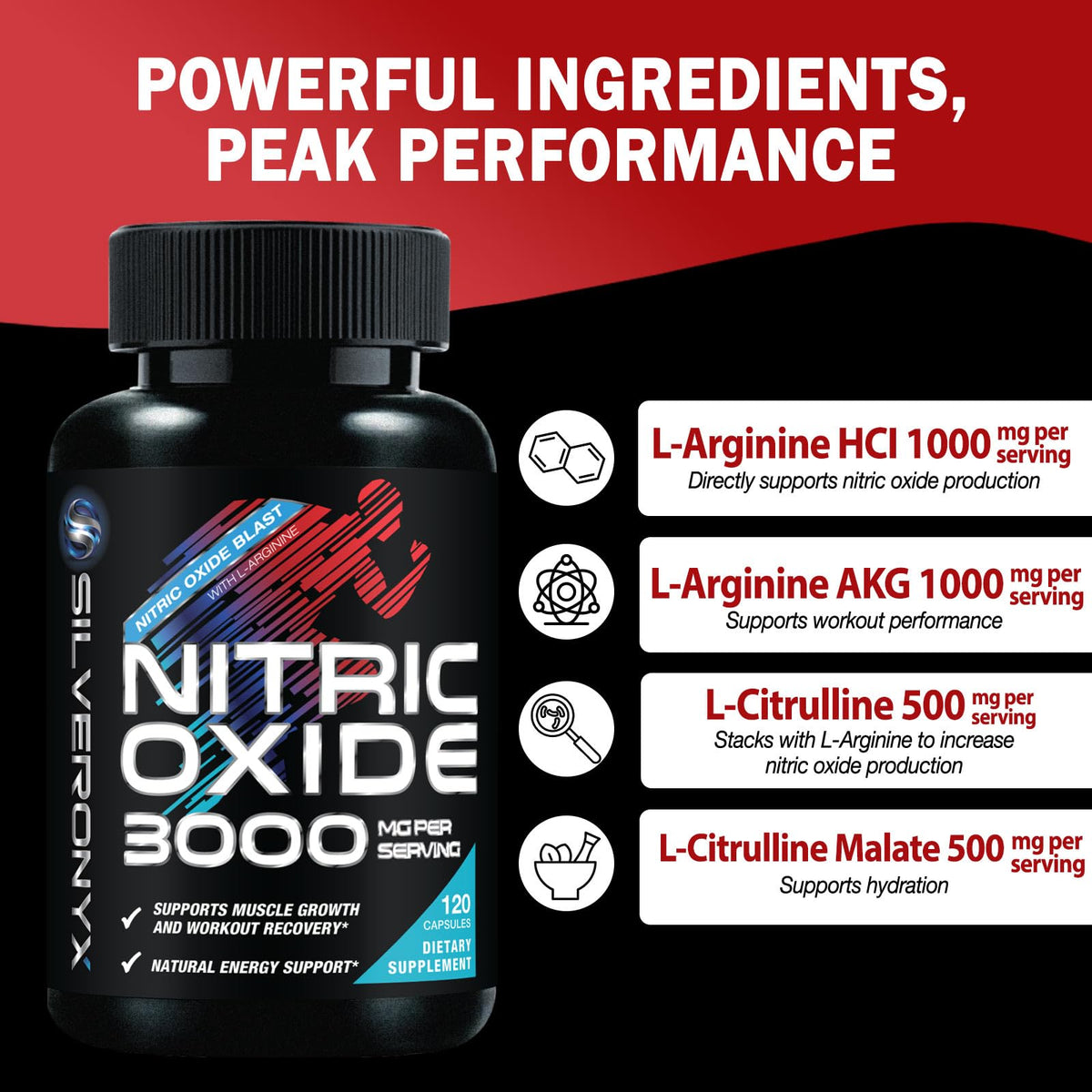 Nitric Oxide Supplement 3000mg Blend L-Arginine & L-Citrulline 120 Capsules S43326