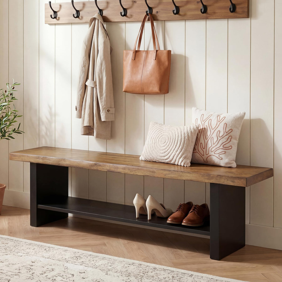55" Solid Wood 2-Tier Shoe Storage Bench Z68723