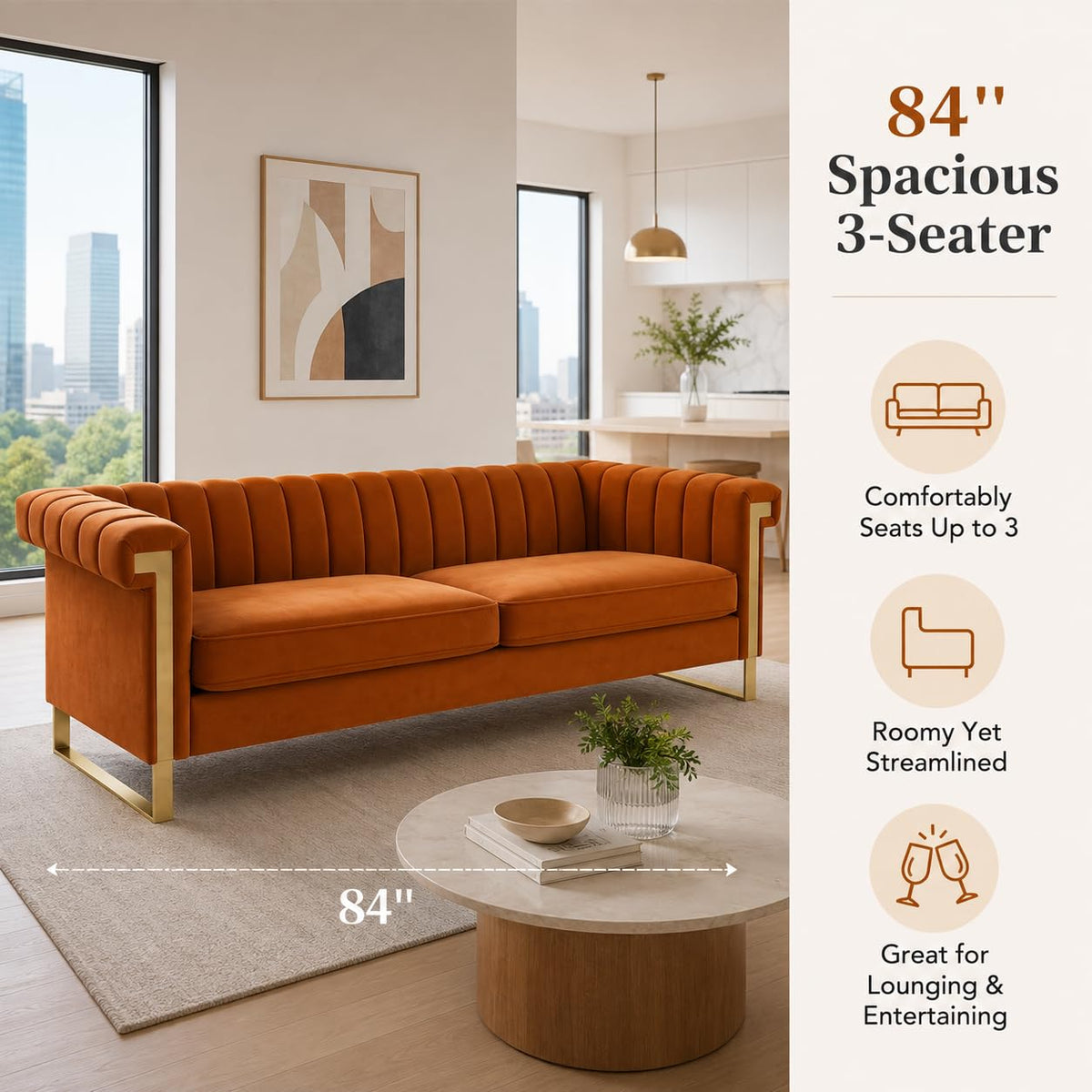 Orange Velvet Channel Tufted Sofa with Gold Metal Legs W43828