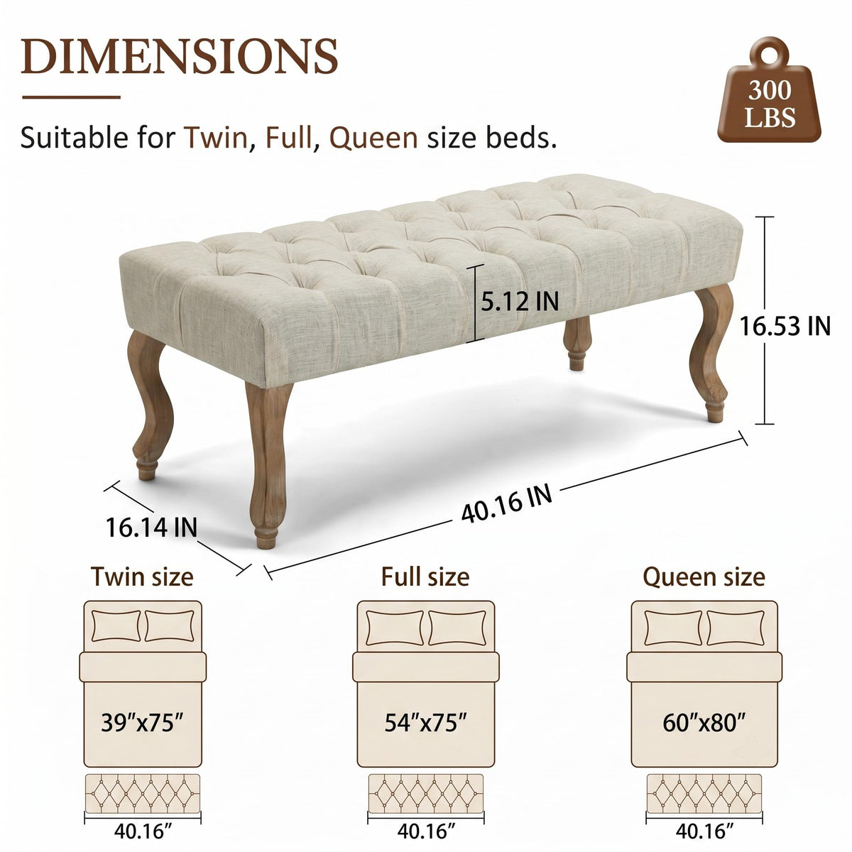 40" Beige Linen Fabric Upholstered Tufted Bench with Distressed Wood Legs T46359