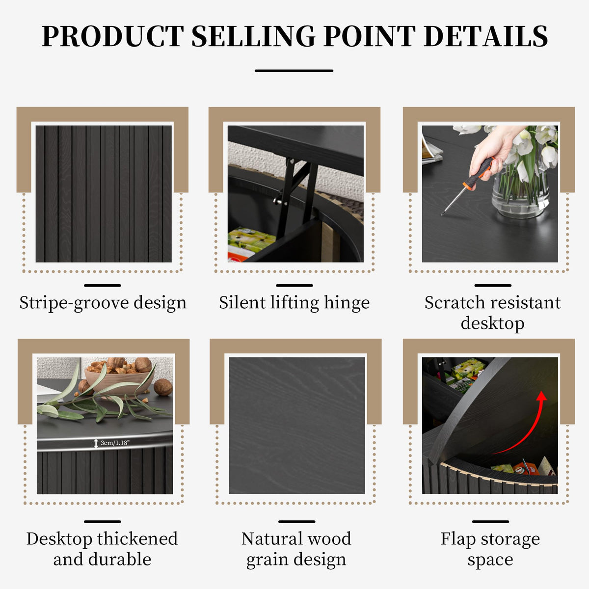 34.6" Fluted Round Lift Top Coffee Table with Hidden Storage, Black A79874