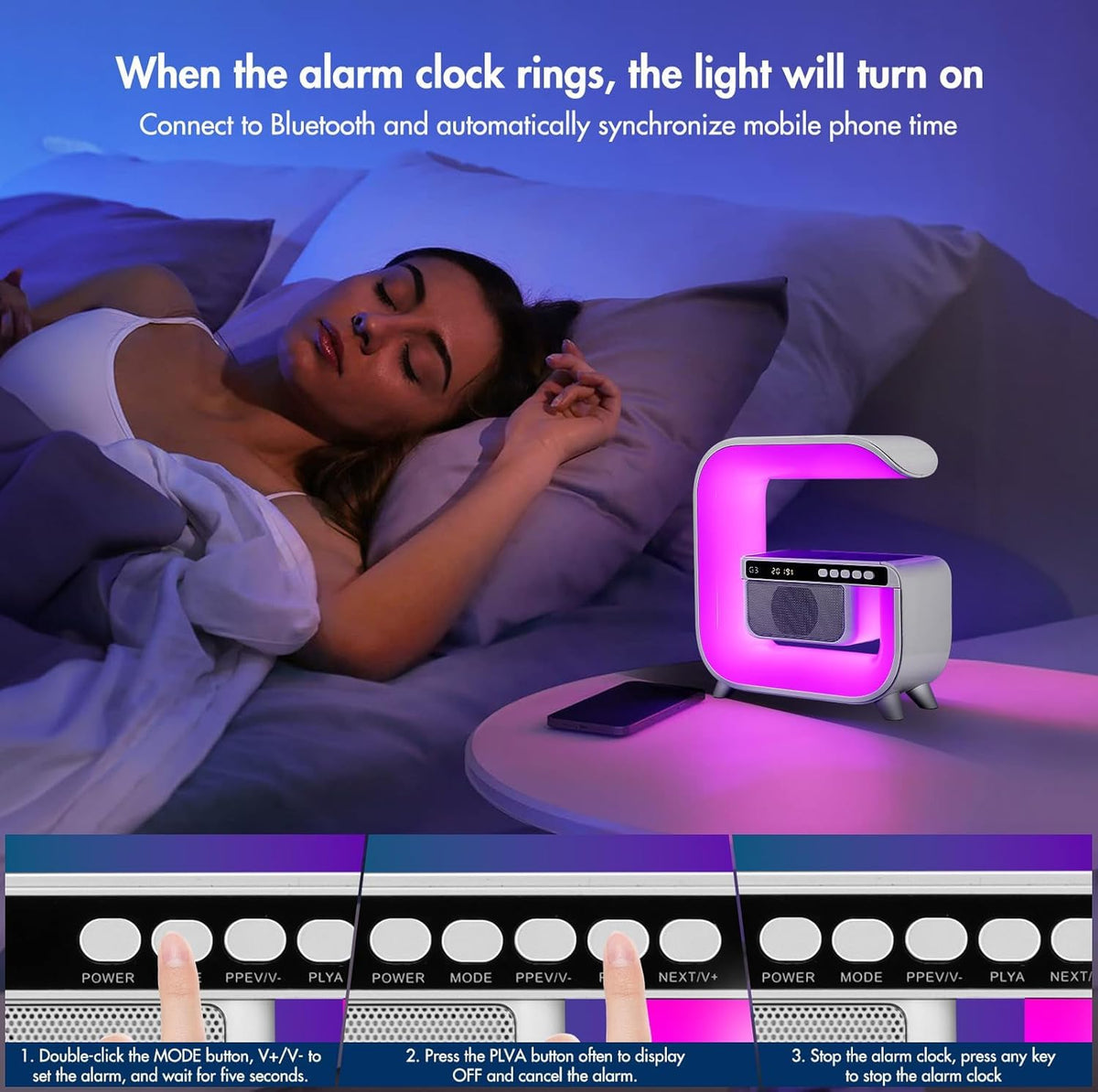 Table Lamp with Bluetooth Speaker, Wireless Charger, Alarm Clock M9657