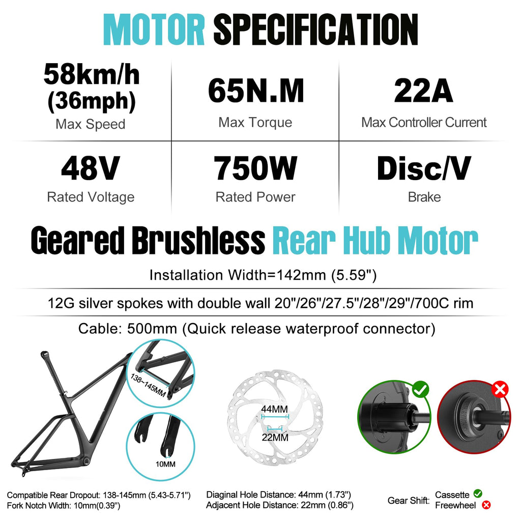 48V 750W Rear Electric Bike Conversion Kit O32004