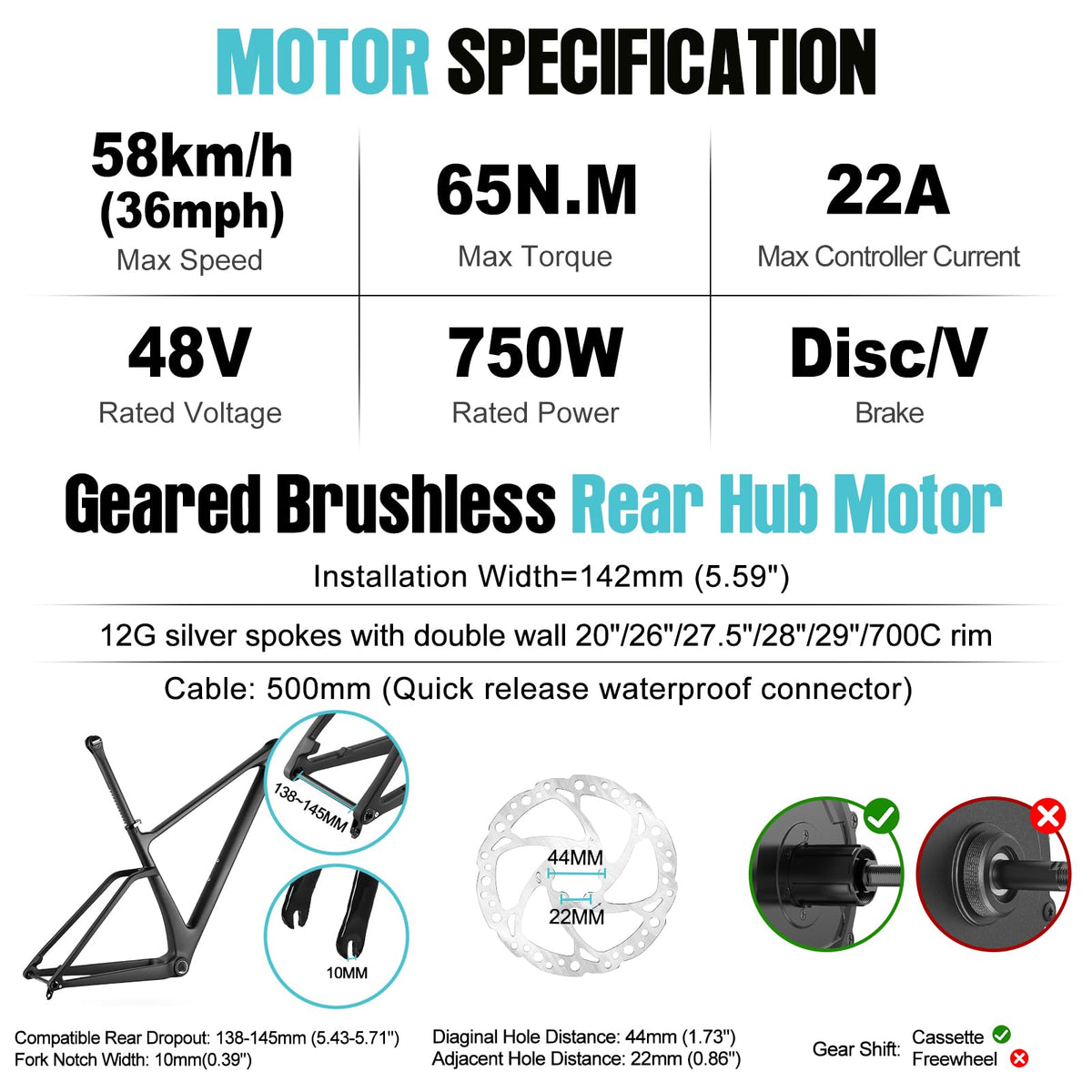 48V 750W Rear Electric Bike Conversion Kit O32004