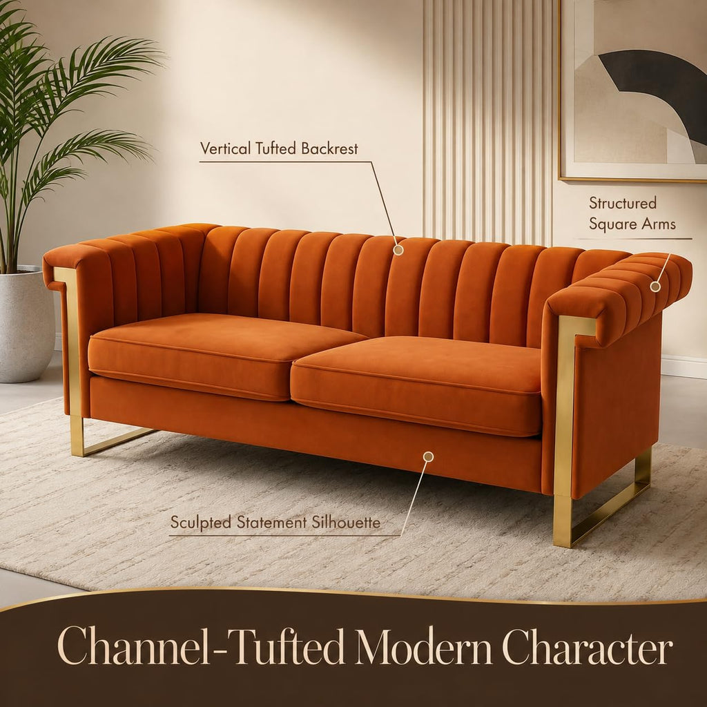 Orange Velvet Channel Tufted Sofa with Gold Metal Legs W43828