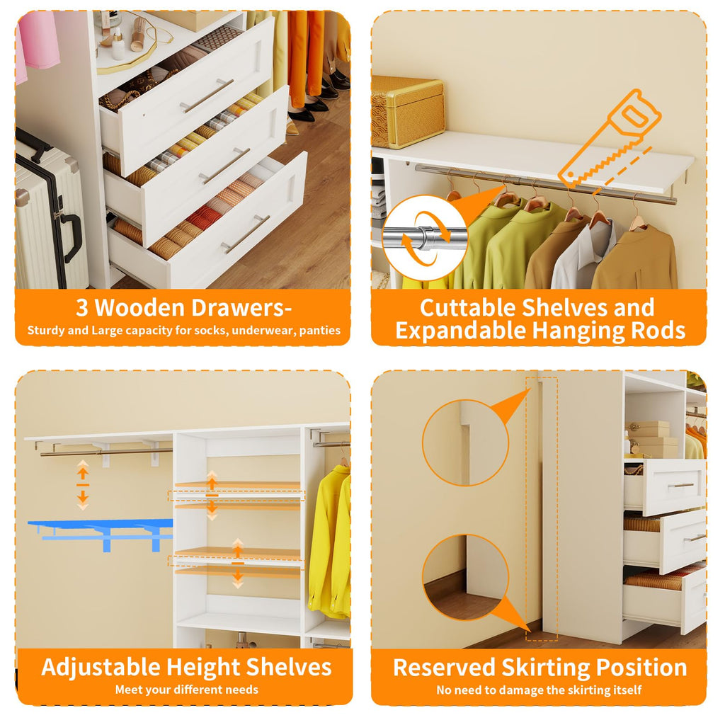 White Closet System with 3 Wood Drawers and Hanging Rods C93426