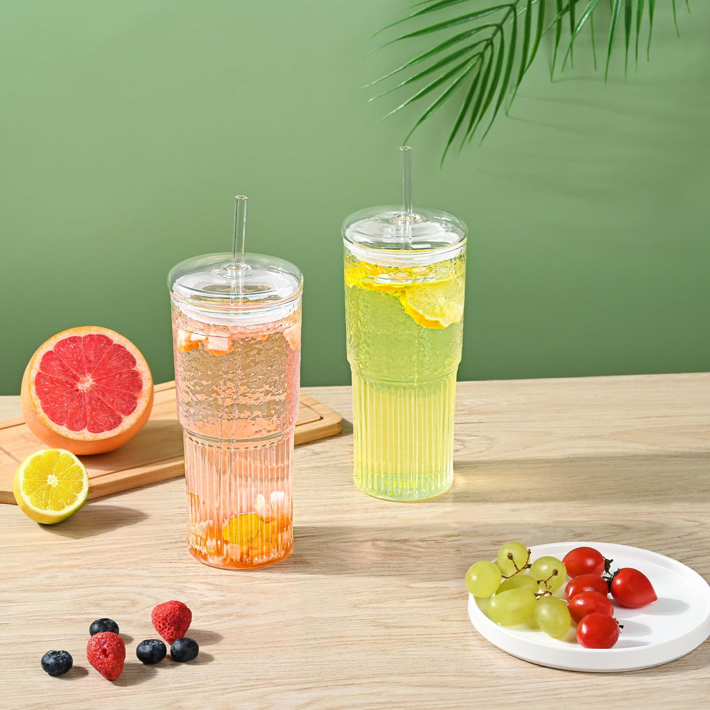 20 oz Glass Cups with Lids and Straws W4153