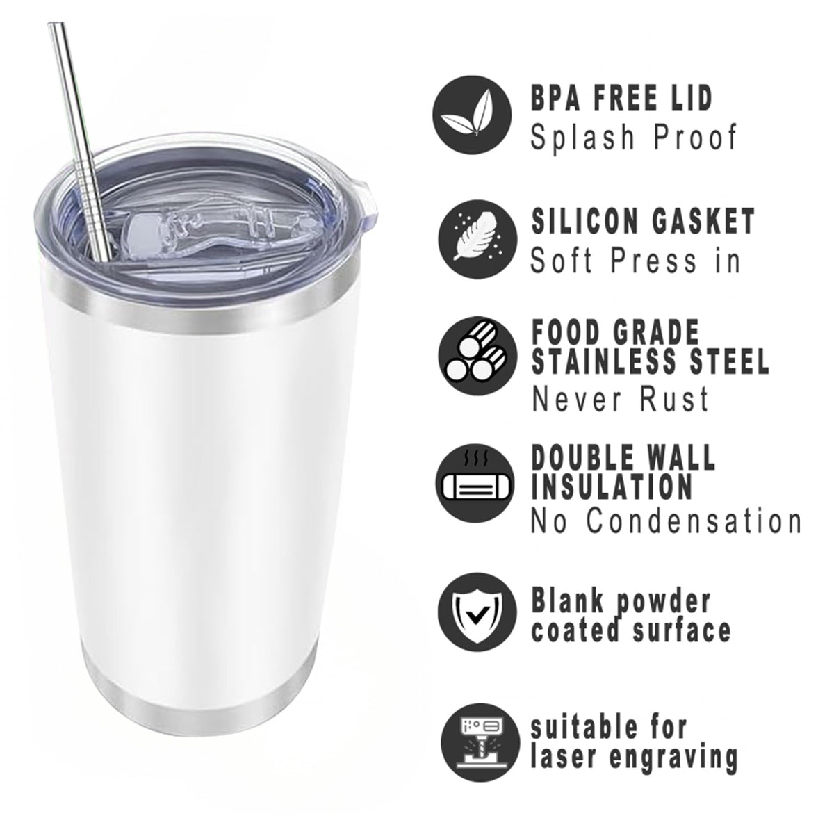 20oz Insulated Stainless Steel Tumblers with Lid and Straw Z117064