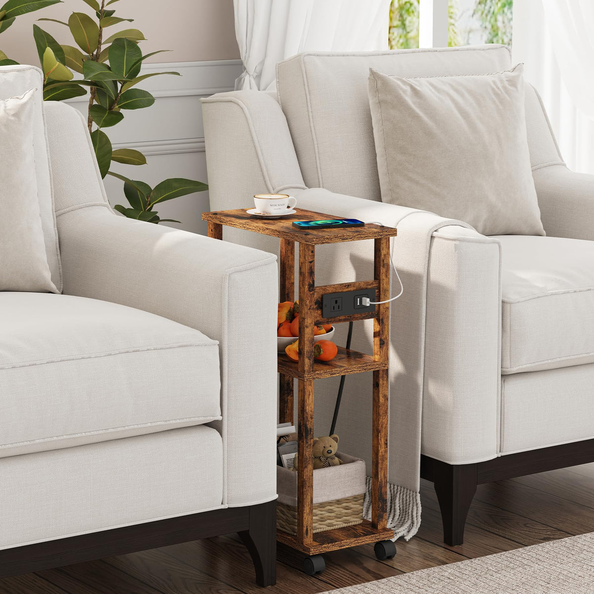 Small Narrow Side Table with Charging Station W217