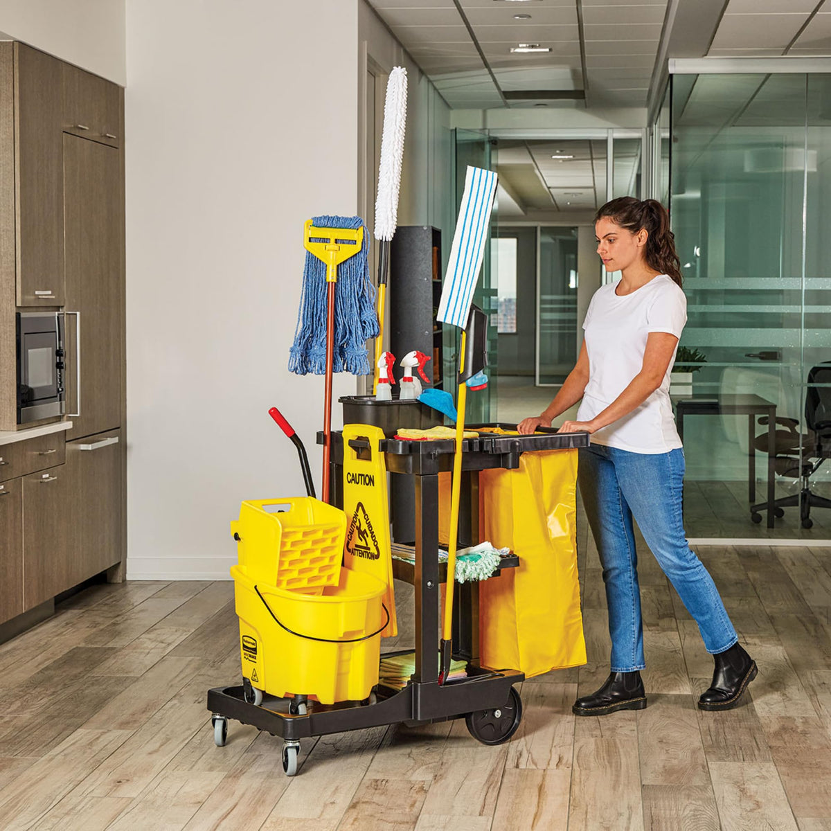 3-Shelf Wheeled Cleaning Cart with Yellow Vinyl Bag O946