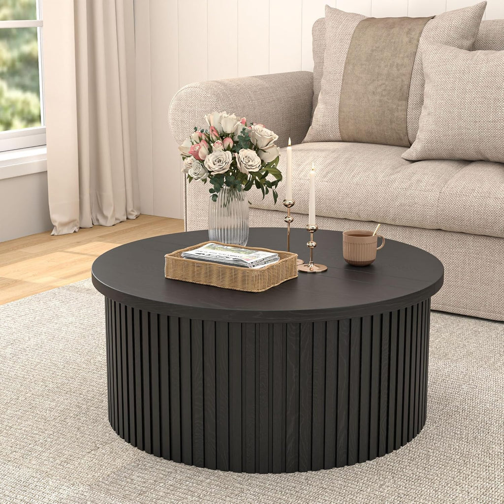 34.6" Fluted Round Lift Top Coffee Table with Hidden Storage, Black A79874