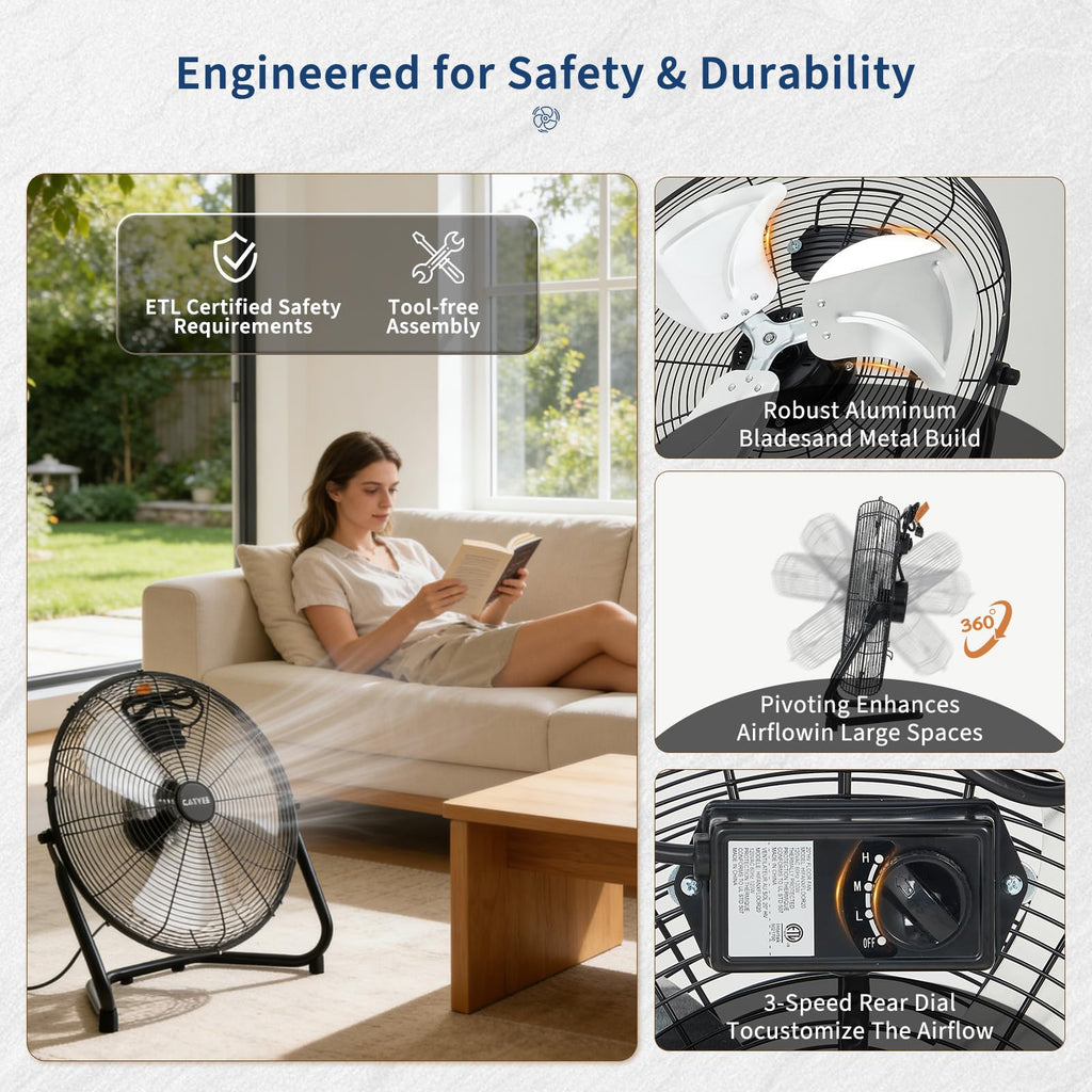 20" High Velocity Floor Fan, 4800 CFM Heavy Duty Industrial Metal Fan with 3 Speeds Y21826