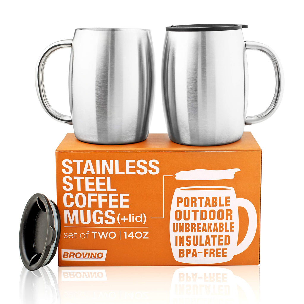 Stainless Steel 14 oz Double Walled Coffee Mugs Set of 2 with Lid & Handle B427