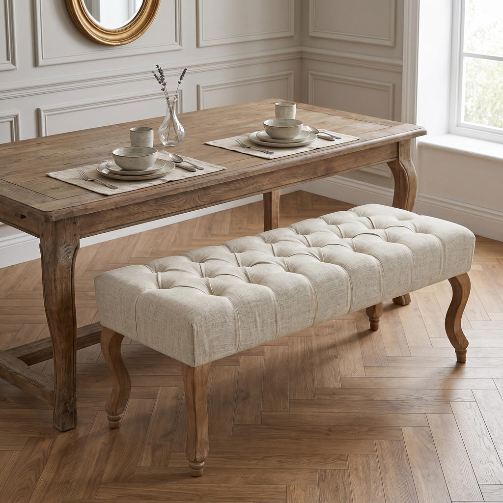 40" Beige Linen Fabric Upholstered Tufted Bench with Distressed Wood Legs T46359