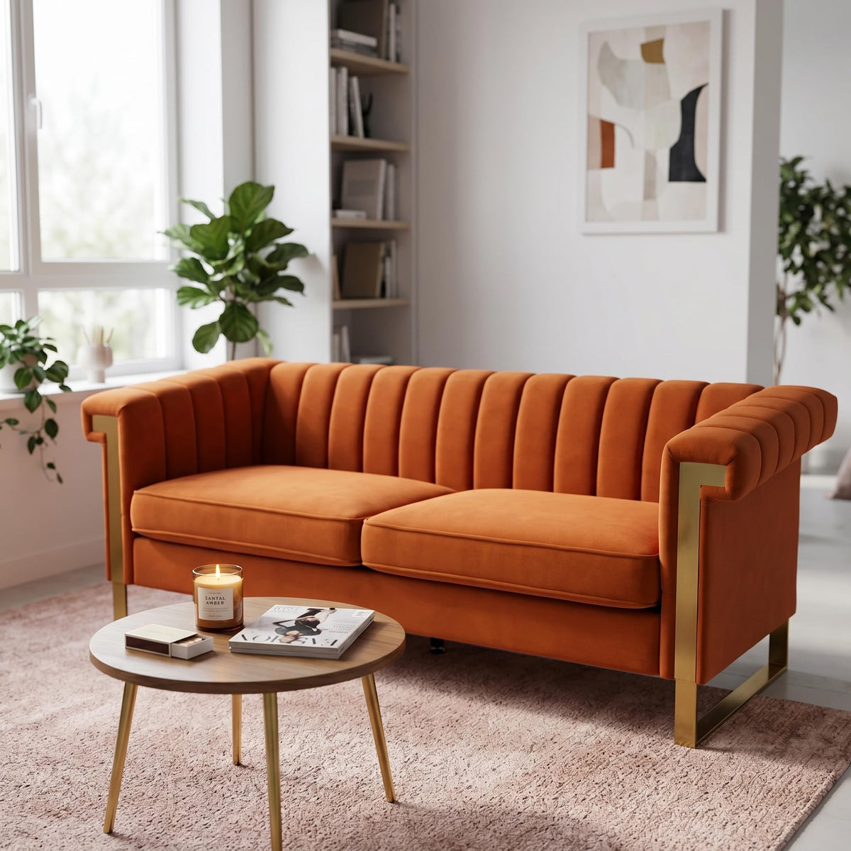 Orange Velvet Channel Tufted Sofa with Gold Metal Legs W43828