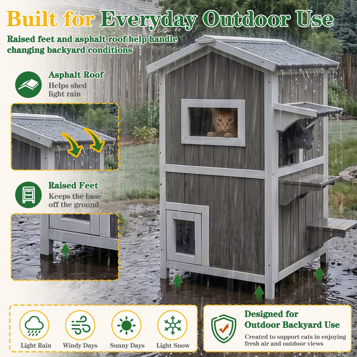 Weatherproof 2-Story Outdoor Cat House with Feeding Station H148078