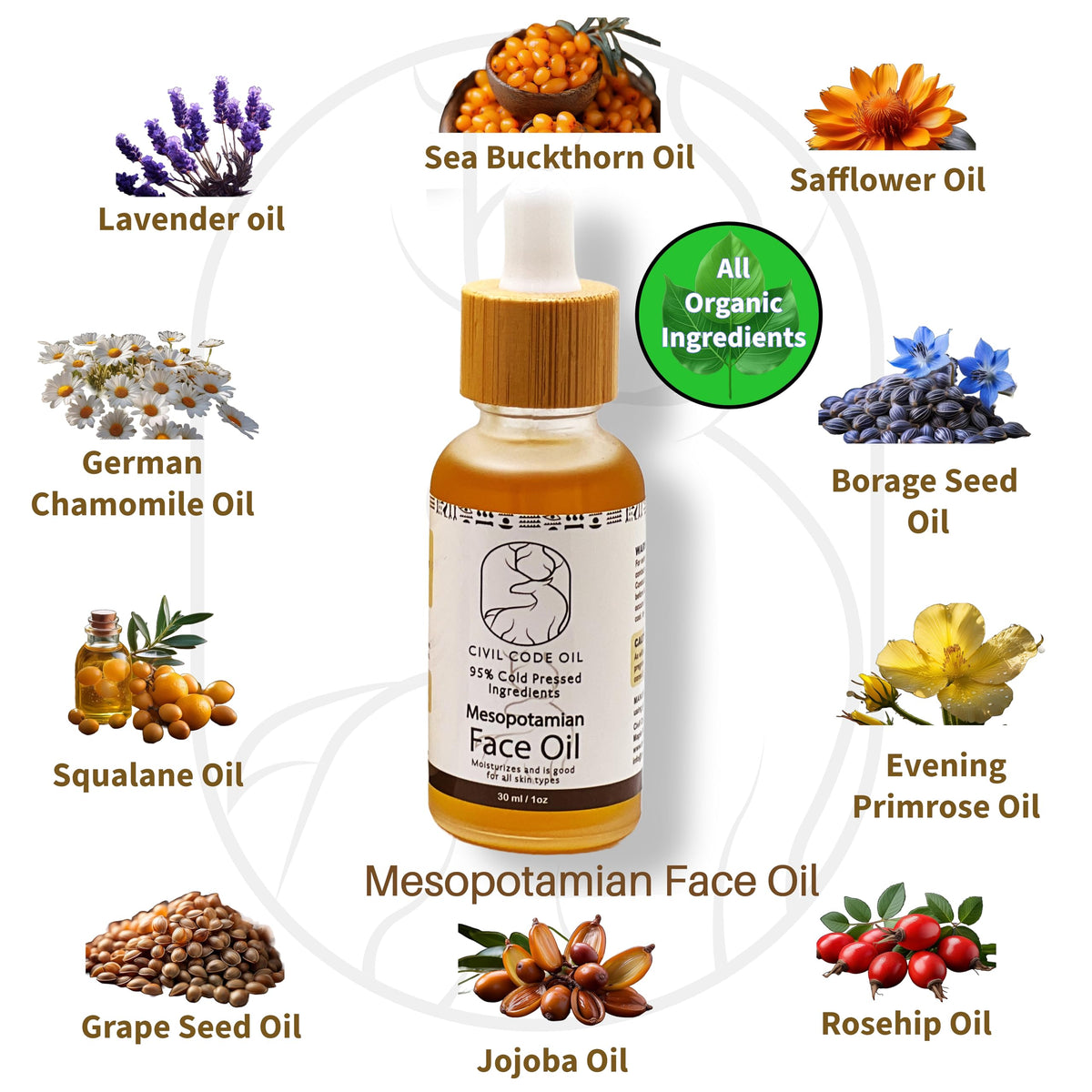 Organic Anti Aging Facial Oil with Sea Buckthorn, Jojoba, Squalane & Lavender 1oz K235
