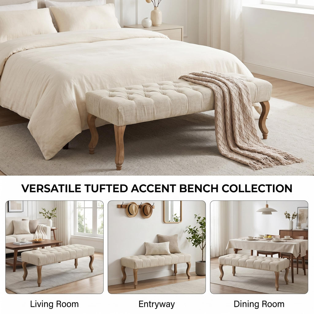 40" Beige Linen Fabric Upholstered Tufted Bench with Distressed Wood Legs T46359