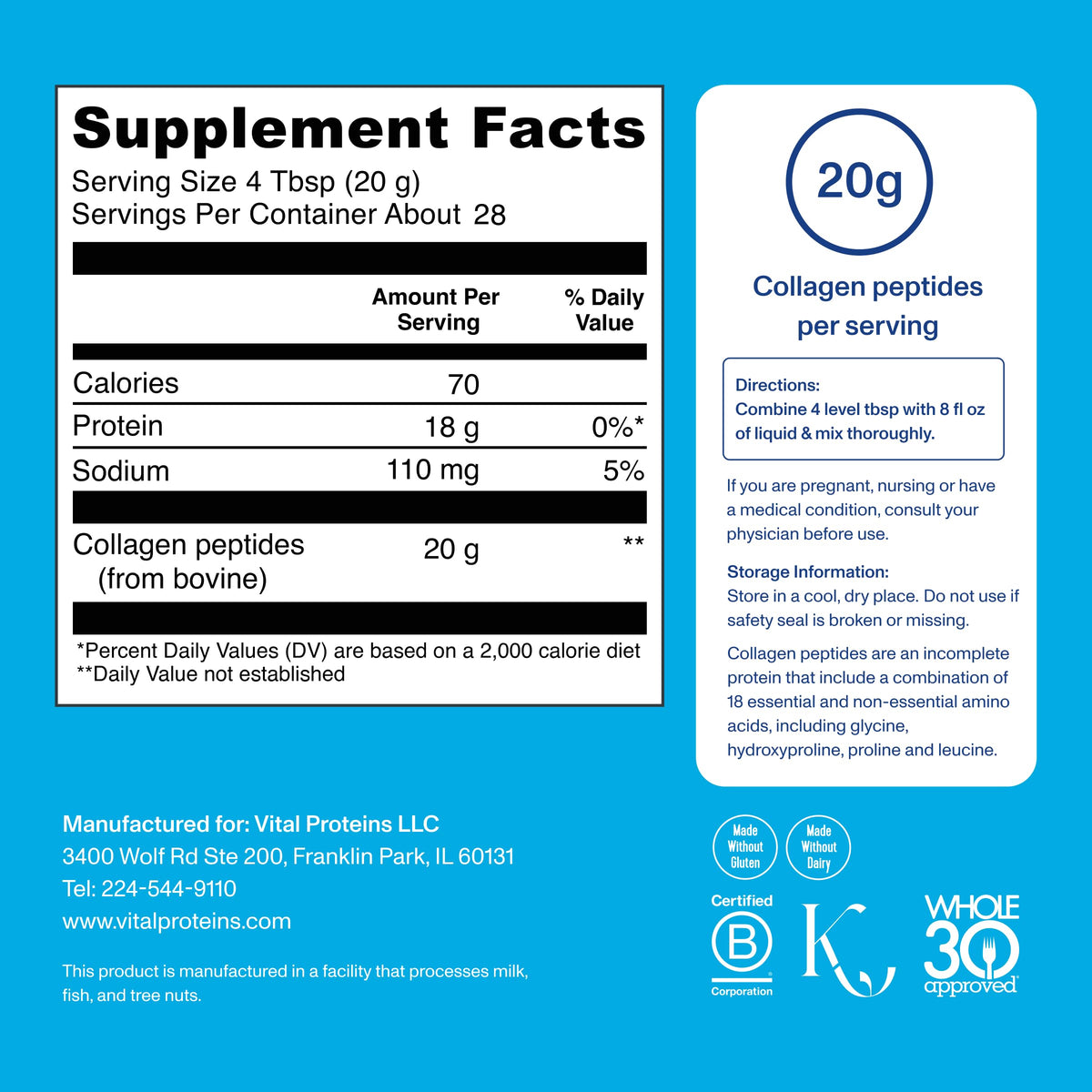 Grass Fed Collagen Peptides Powder, Unflavored, 20oz V43101