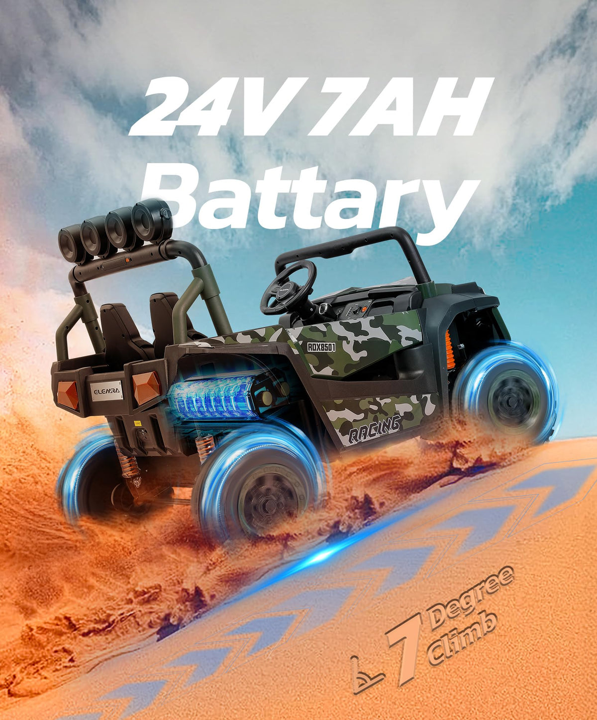 2 Seater 24V Battery Powered Ride on Car with Remote Control, Camouflage Green Y25653