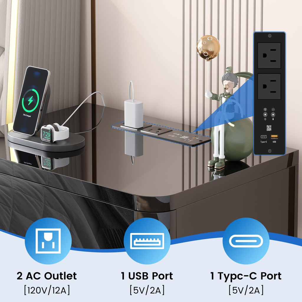 3-Drawer Nightstand with Charging Station & LED Lights R577353