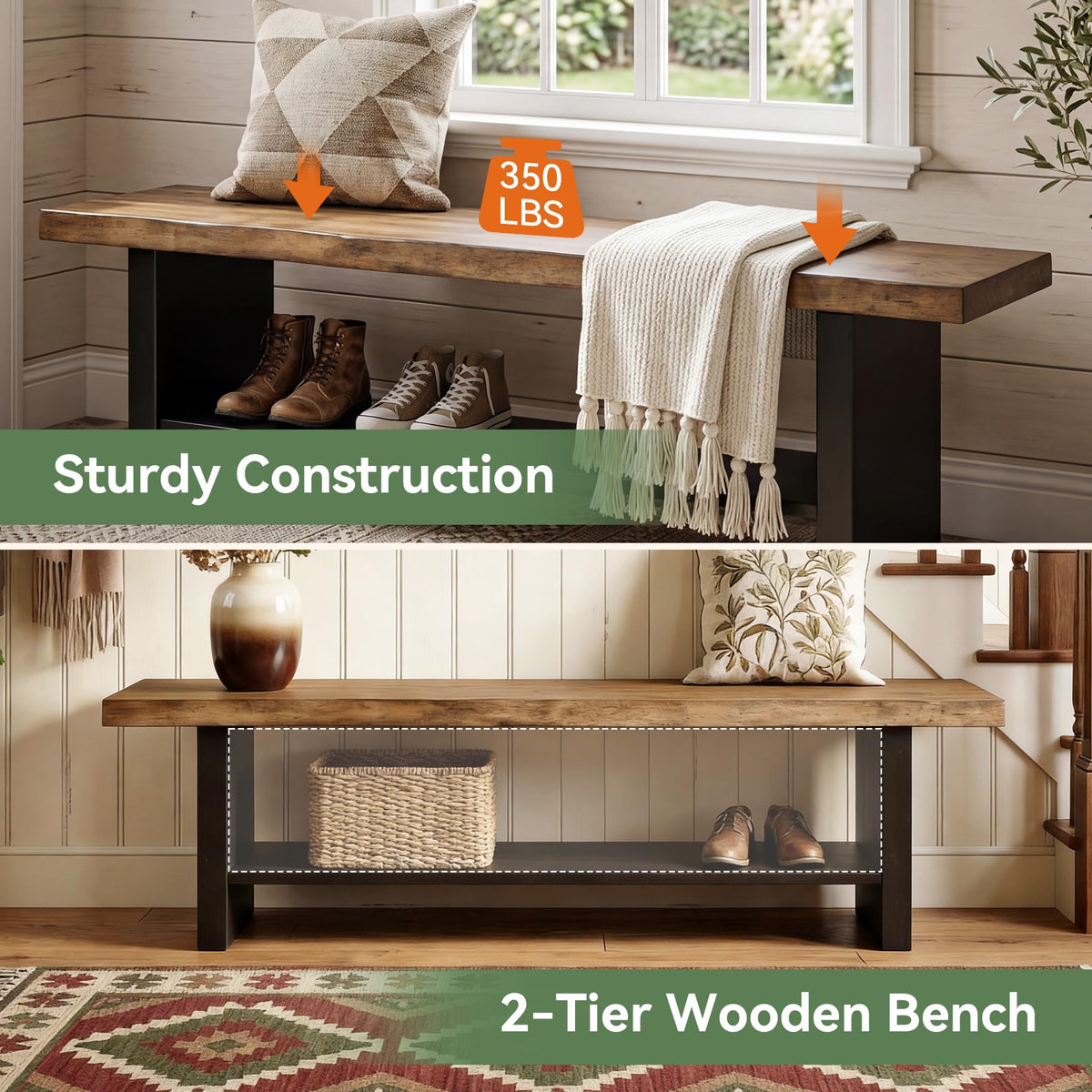 55" Solid Wood 2-Tier Shoe Storage Bench Z68723