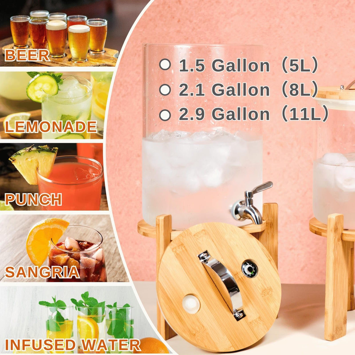 2.1 Gallon Glass Beverage Dispenser with Bamboo Stand and Spigot X895