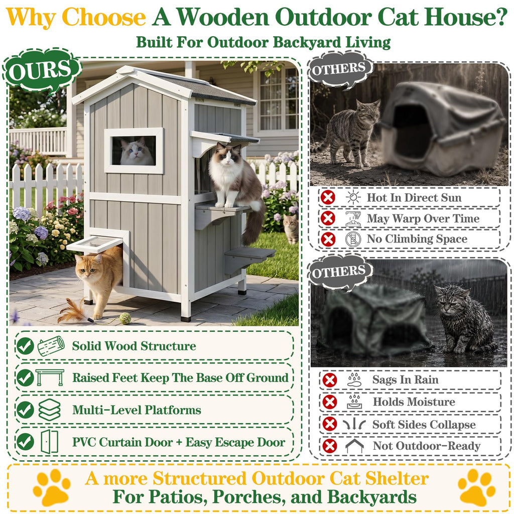Weatherproof 2-Story Outdoor Cat House with Feeding Station H148078