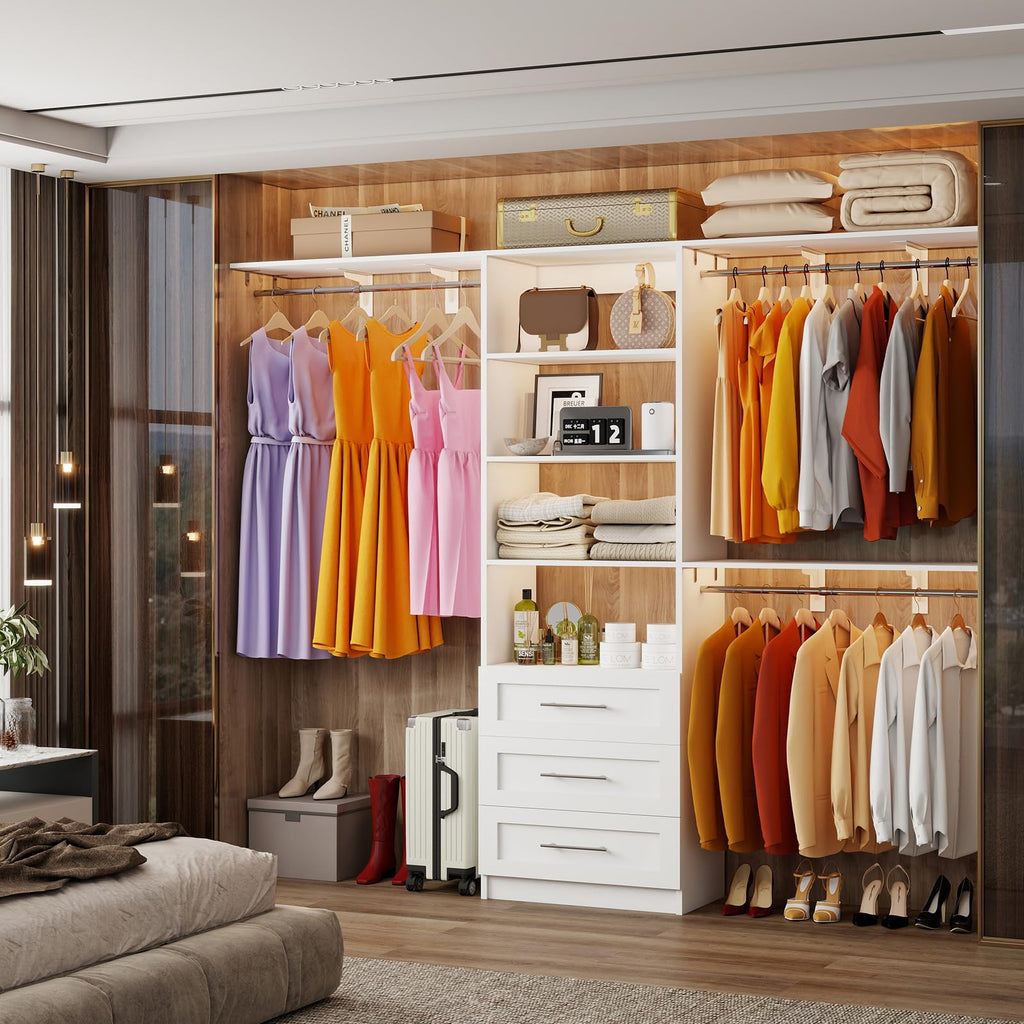 White Closet System with 3 Wood Drawers and Hanging Rods C93426