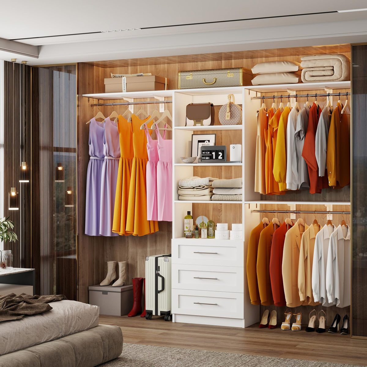 White Closet System with 3 Wood Drawers and Hanging Rods C93426