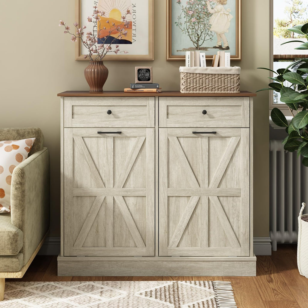 Double Tilt Out Trash Bin Holder Walnut White Wooden 10 Gallon M416