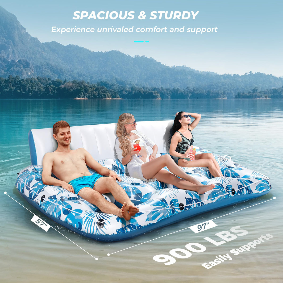 Inflatable Pool Float Lounger with Backrest, Footrest, Cup Holder W29740