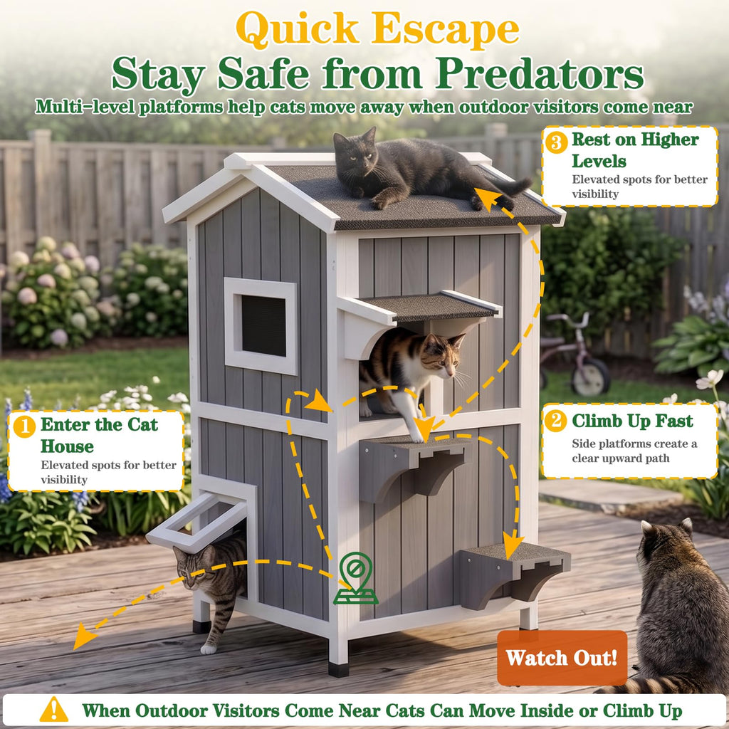 Weatherproof 2-Story Outdoor Cat House with Feeding Station H148078