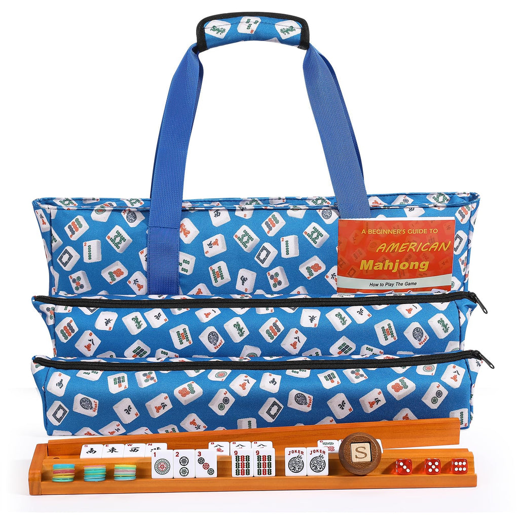 166 White Tiles Mahjong Game Set with Wooden Racks and Carrying Bag B2650