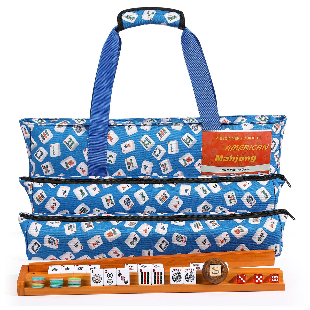 166 White Tiles Mahjong Game Set with Wooden Racks and Carrying Bag B2650
