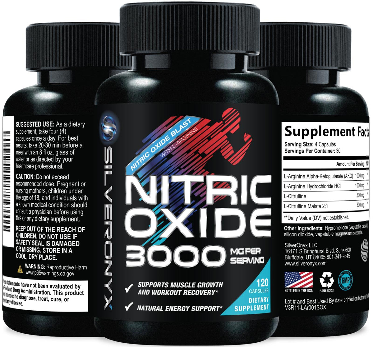 Nitric Oxide Supplement 3000mg Blend L-Arginine & L-Citrulline 120 Capsules S43326