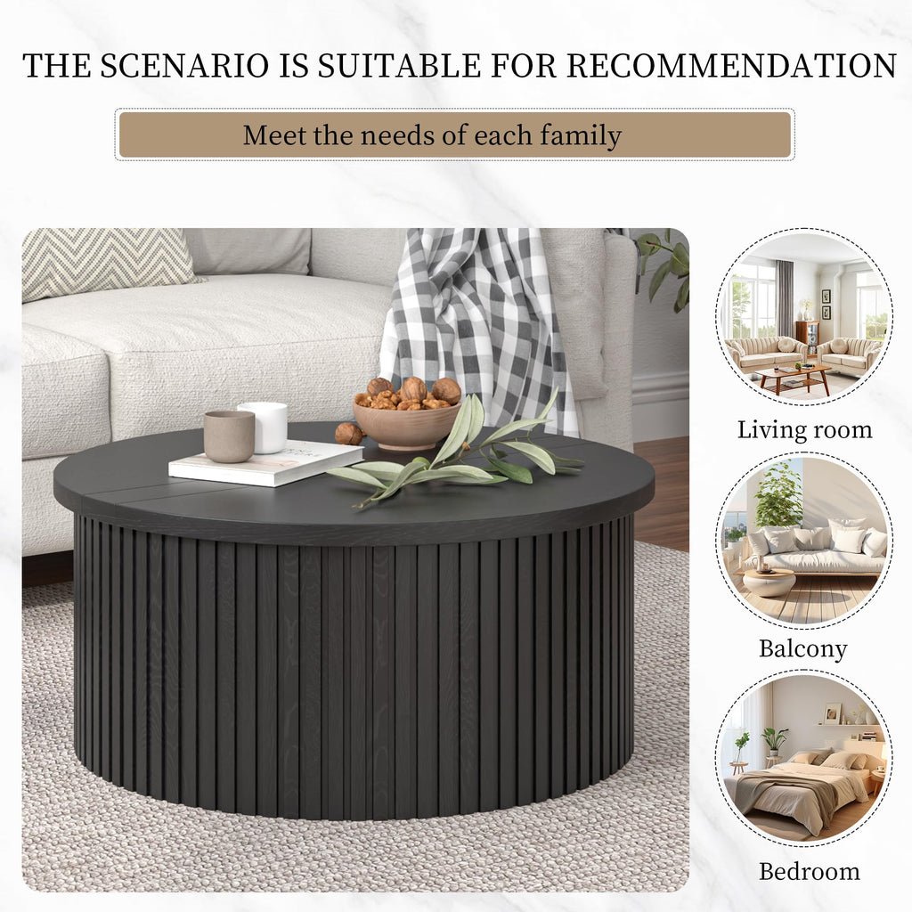 34.6" Fluted Round Lift Top Coffee Table with Hidden Storage, Black A79874