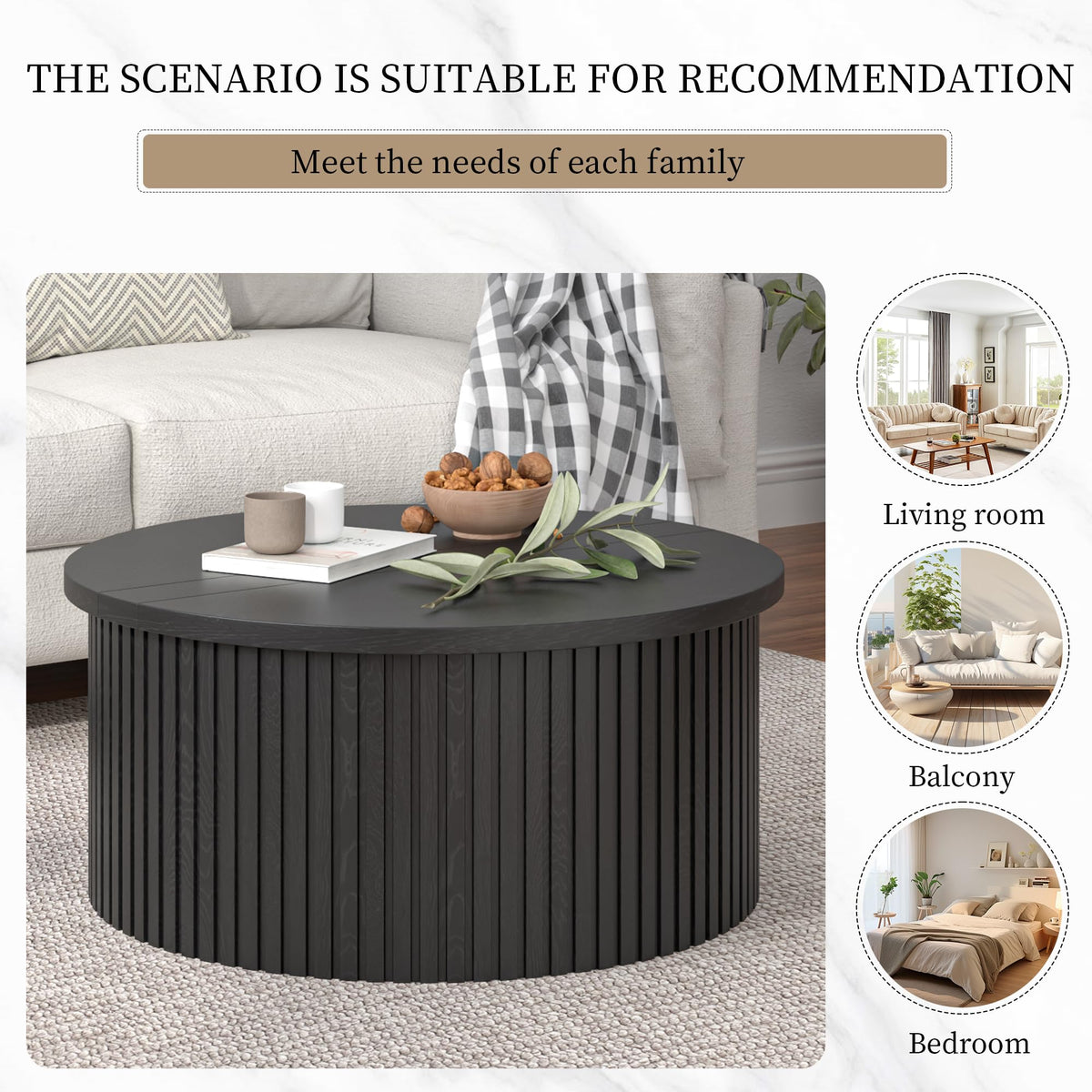 34.6" Fluted Round Lift Top Coffee Table with Hidden Storage, Black A79874