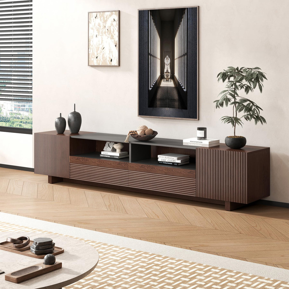 78.8 Inch Dark Brown Walnut TV Stand with Storage X68425