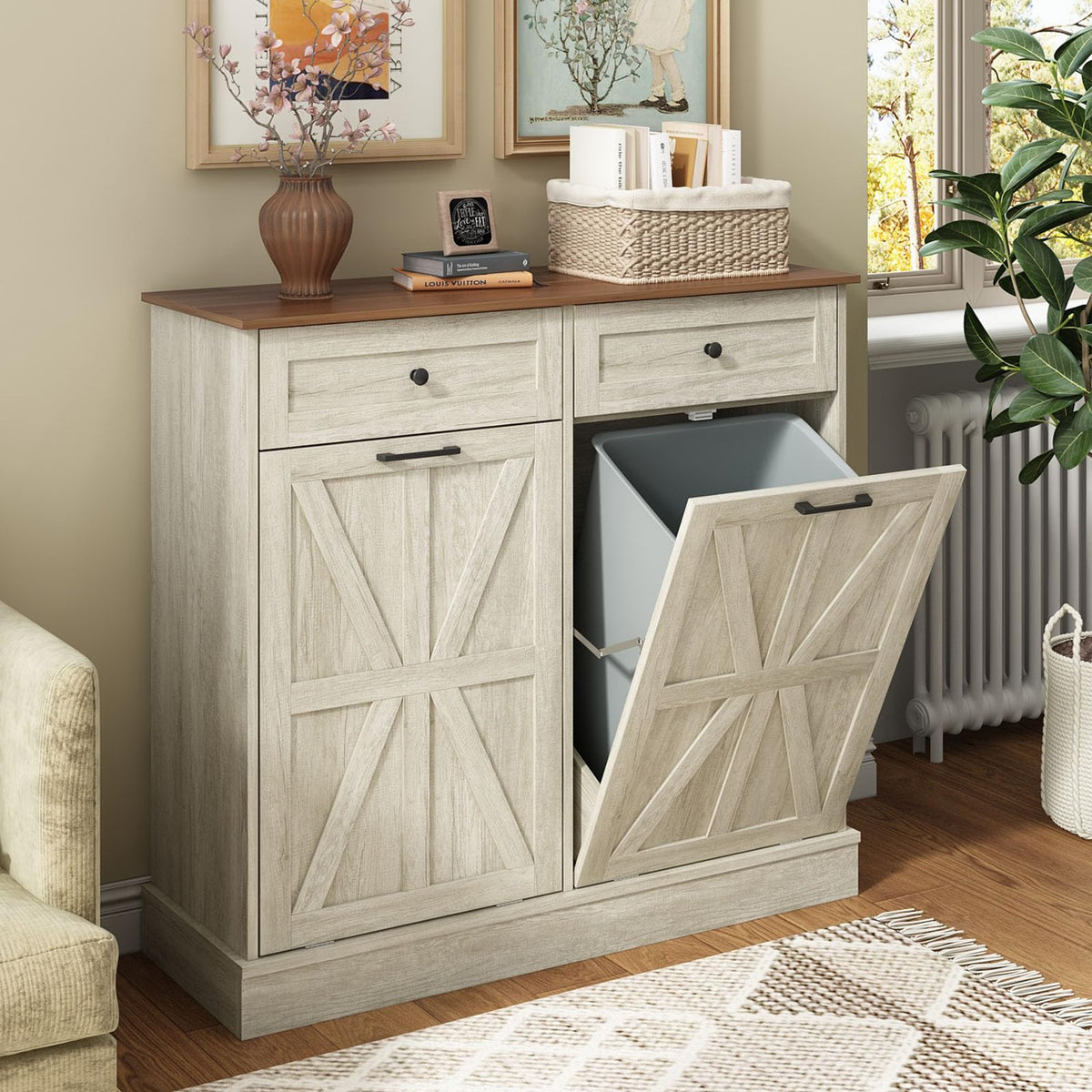 Double Tilt Out Trash Bin Holder Walnut White Wooden 10 Gallon M416